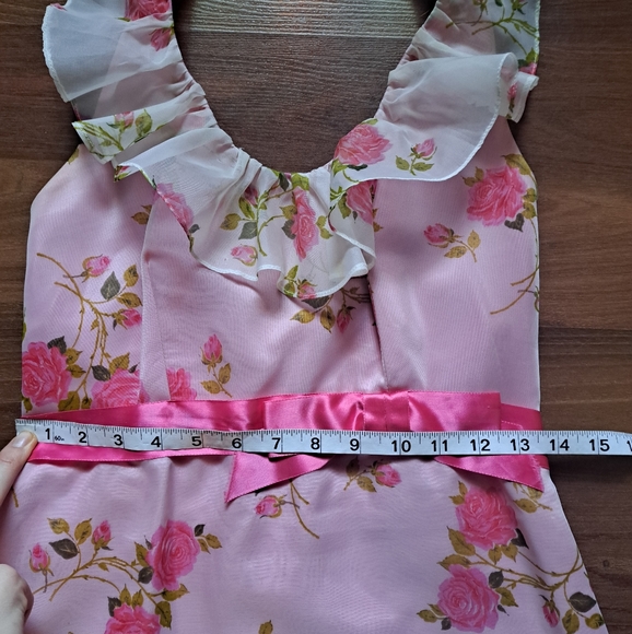 Funky Vintage Barbie Pink Floral Print Ruffle Collar Halter Prom Formal Dress - Picture 11 of 12